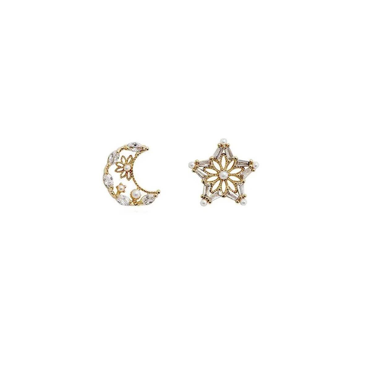 Delicate Asymmetric Star Moon Earrings for Girls Simple Micro-inlaid Jewelry — image 2