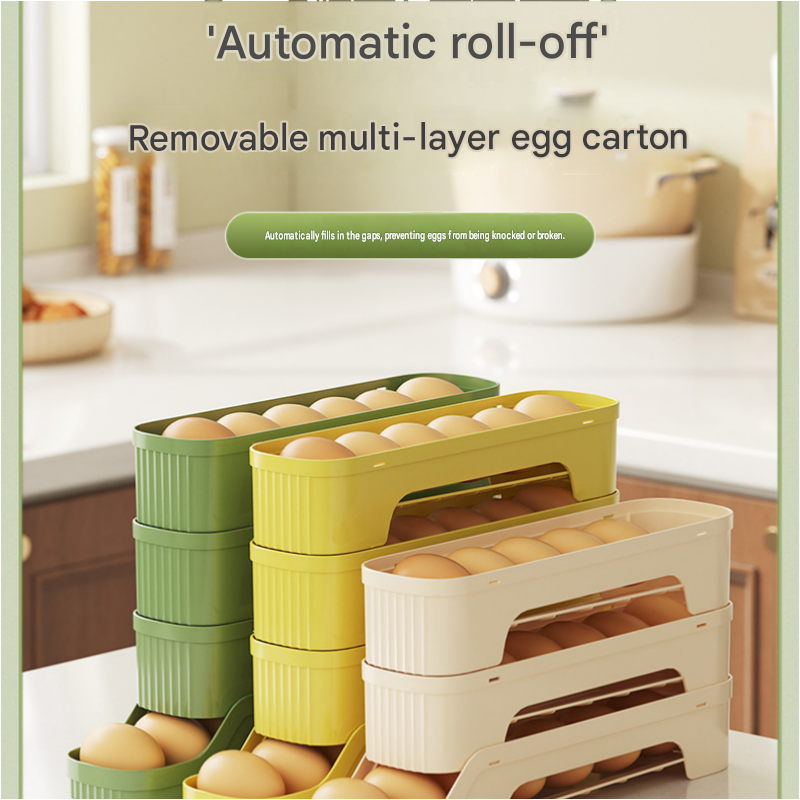3-Tier Green Rolling Egg Storage Box - Grade PP Plastic - Automatic Dispensing, Space Saving Fridge Organizer, Detachable Design for Kitchen and — image 2
