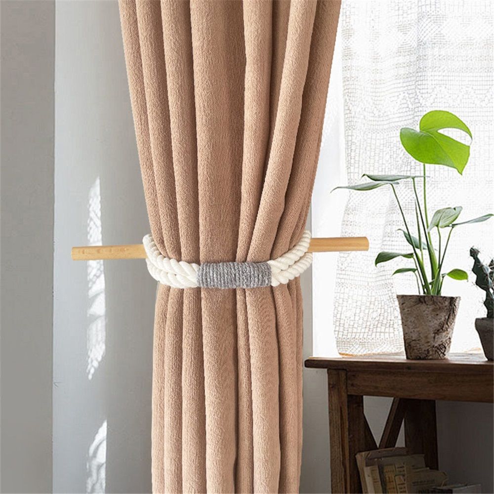 2 pack Curtain Tiebacks Rustic Holdbacks for Drapes, Farmhouse Tie Backs for Curtains, Jute Rope with Wood Club, Natural Boho Decor Shabby Chic Drapery Holder โ image 2