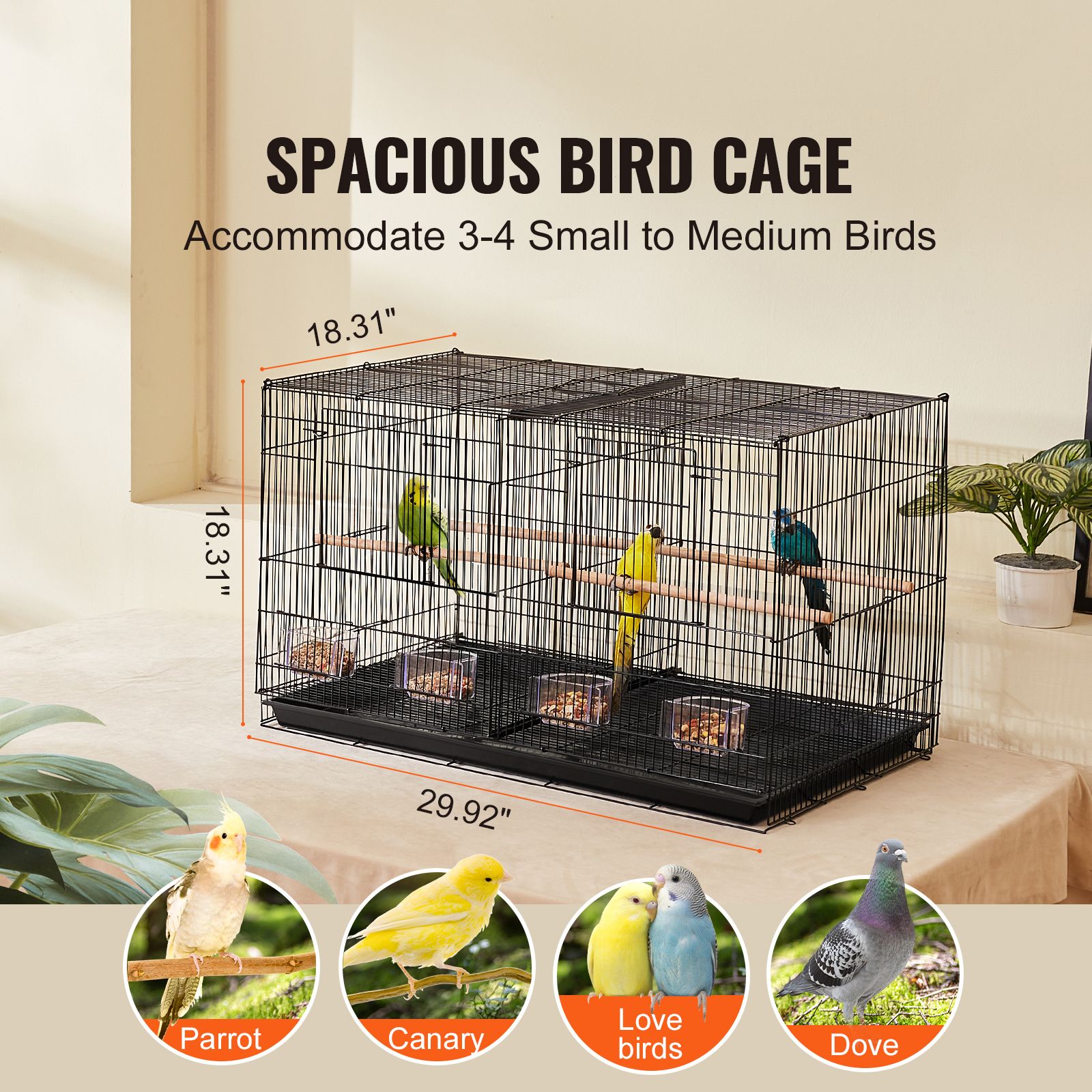 Bird Cage, 18 in, Small Parakeet Cage with Divider, Sturdy Metal Bird Flight Cage, Travel Birdcage with 5 Perches & 4 Feeding Cups, Parrot Cage for Canaries — image 2