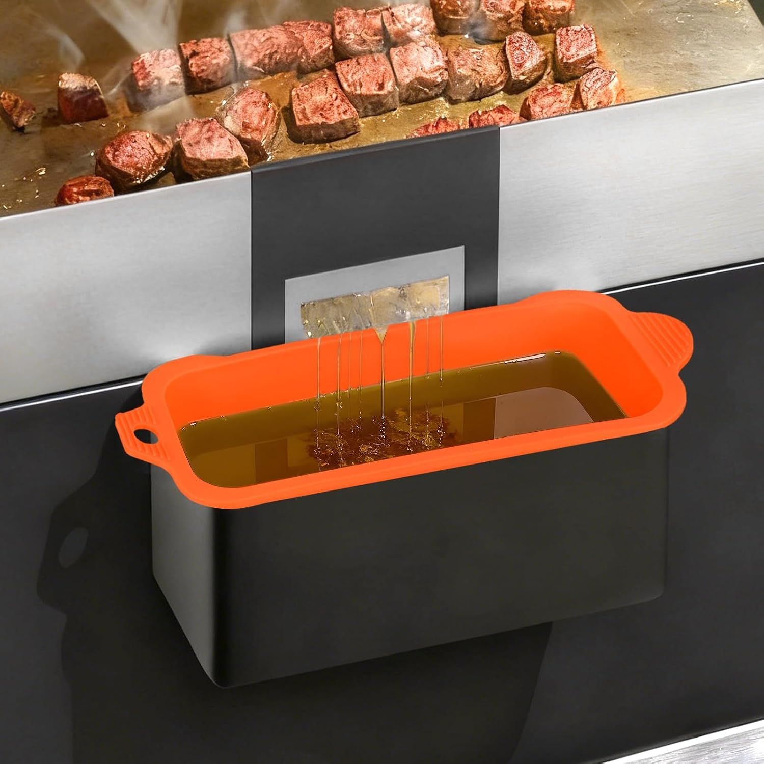 2 Pack Reusable Silicone Grease Cup Liners, Heat Resistant Drip Tray Inserts for 17, 22, 28 and 36 Inch Griddles, Orange โ image 4