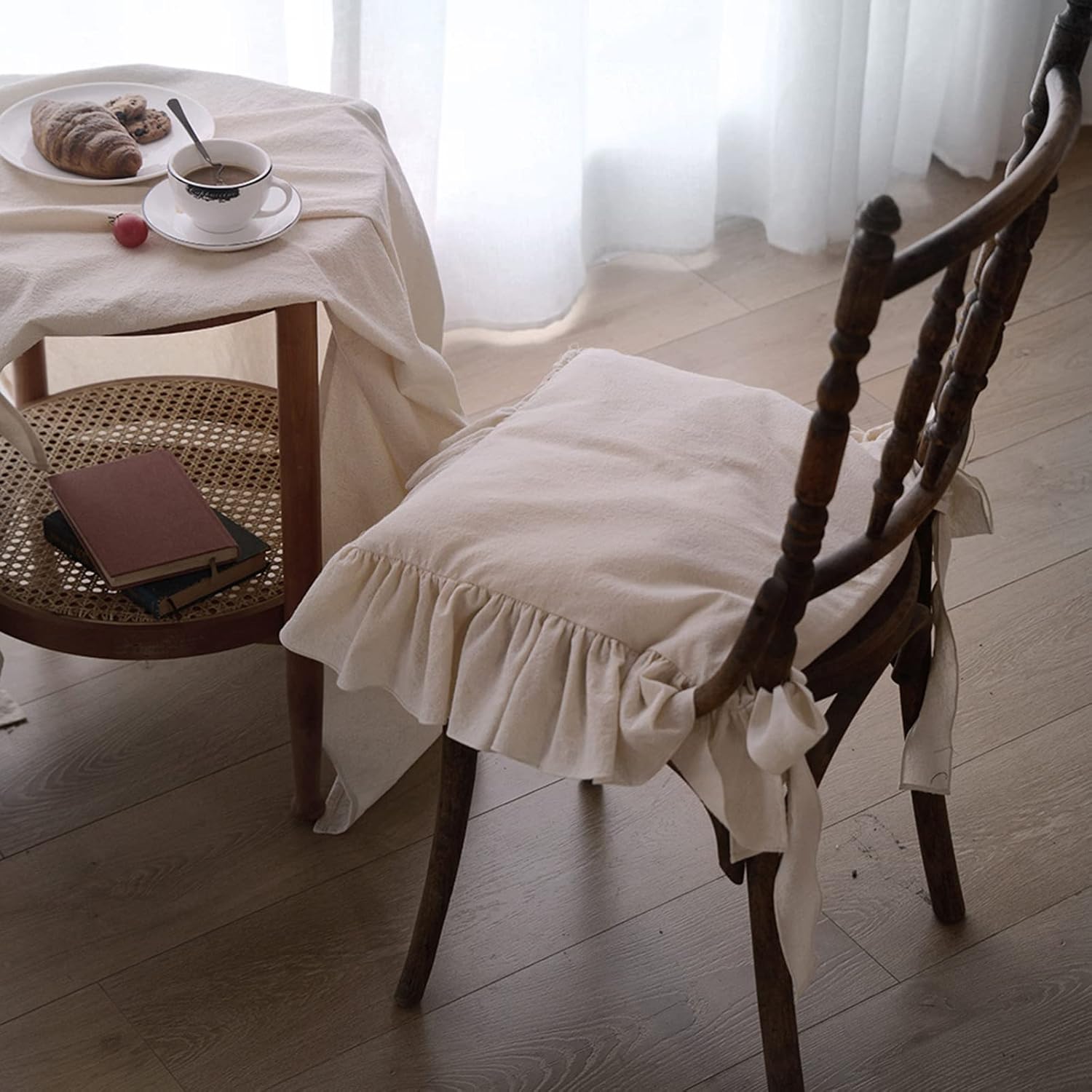 Ruffled Chair Cushions with Ties Elegant Vintage Cotton Chair Pads Soft Cotton Filled Seat Cushion for Farmhouse Home Kitchen Dining,Flesh,37 × 37cm