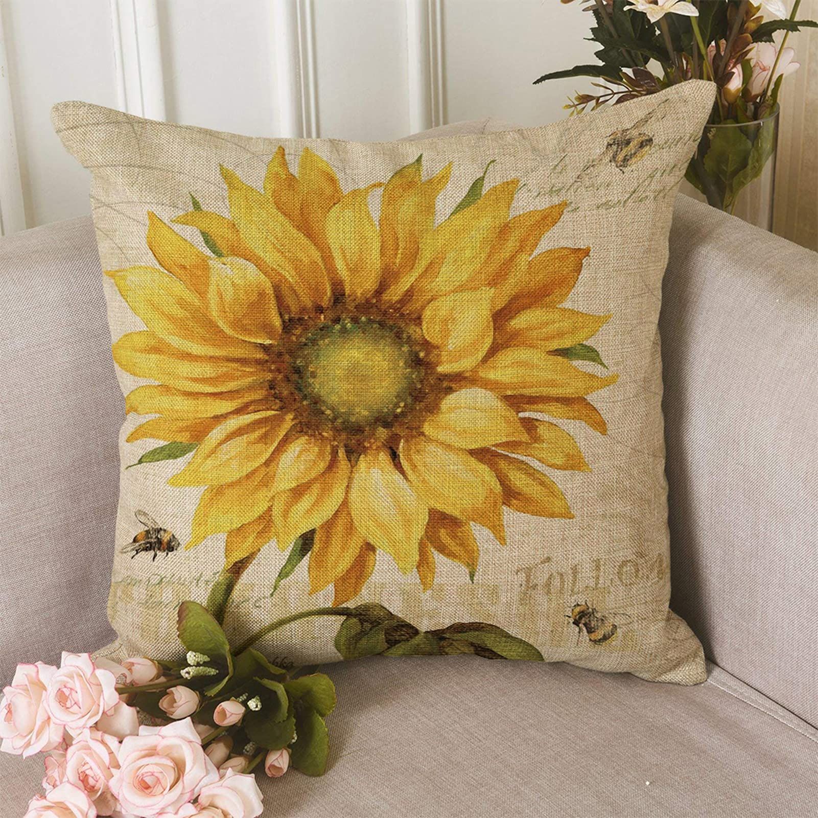 Sunflower and Bee Throw Pillow Case Oil Painting Yellow Sunflower Cotton Linen Cushion Cover 18 × 18 Inches Standard Square — image 2