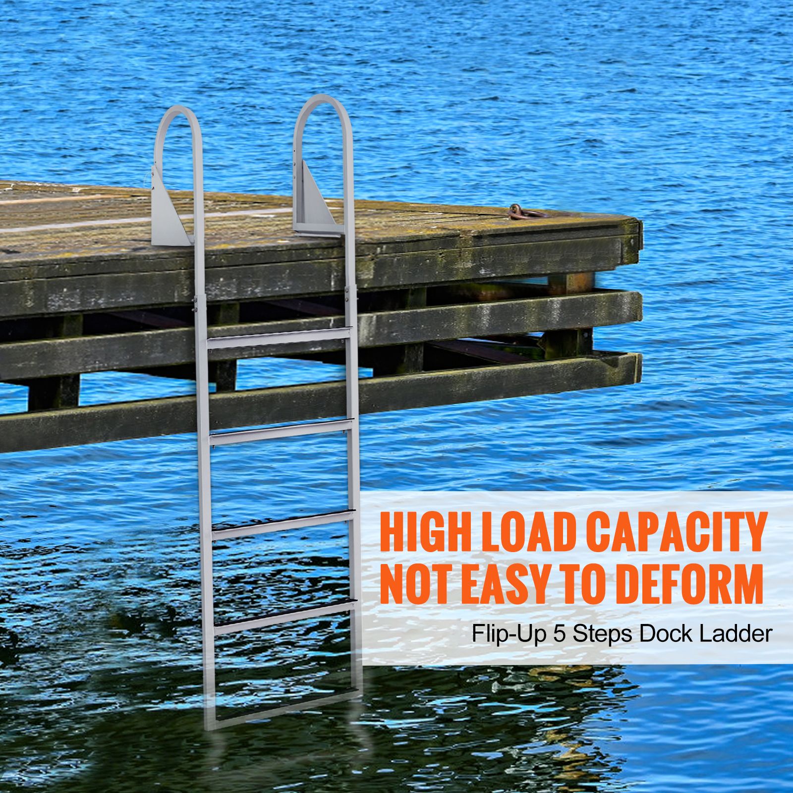 Dock Ladder, Flip-Up 5 Steps, 350 lbs Load Capacity, Aluminum Alloy Pontoon Boat Ladder with 2'' Wide Step & Nonslip Rubber Mat, Easy to Install for — image 2
