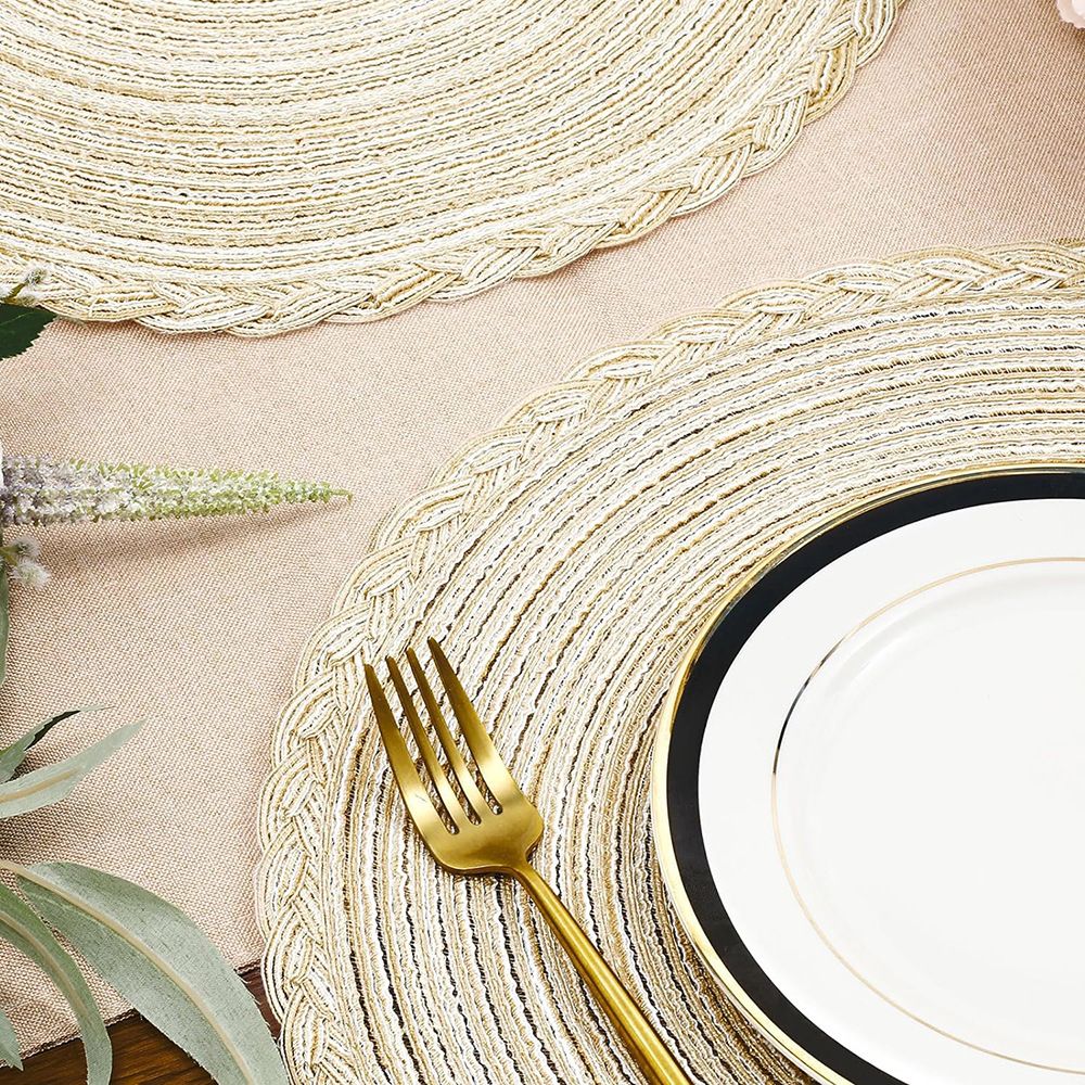 38cm Round Braided Placemats Set of 4, Washable Heat Resistant Circle Boho Place Mats for Kitchen Dining Table -（beige） — image 3