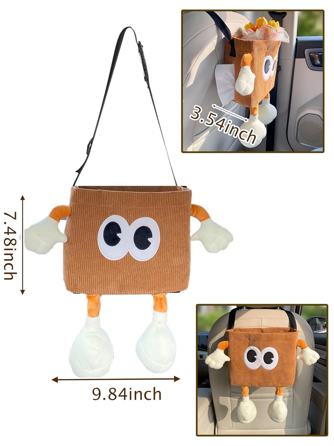 Car Cute 2 in 1 Trash Can with Tissue Holder Box Seat Back Bag Hanging over the Seat Organizer Plush Cartoon Animal Storage Garbage,Brown — image 2