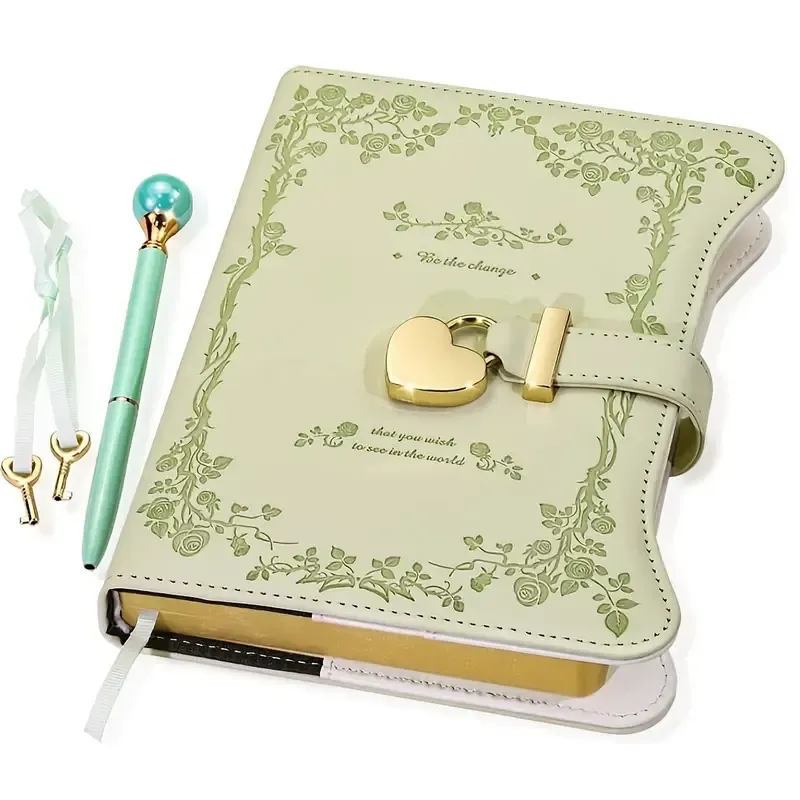 Heart-shaped lock diary with pen, lock & key. B6, 360 pages, garden style for all genders. One key locks your secret — a perfect gift for any