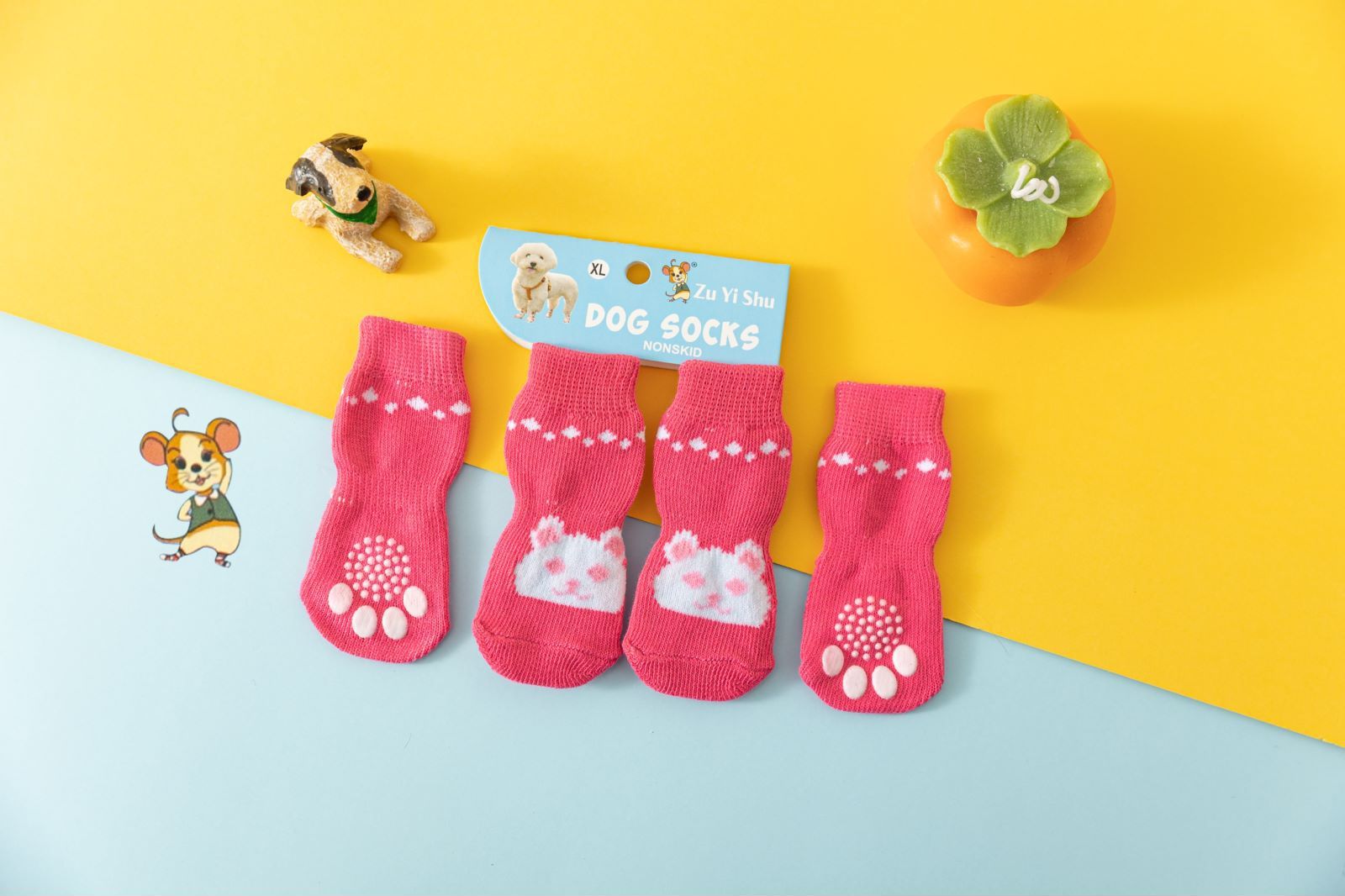 Pet Dog Socks Cartoon Pattern Non Slip 4 Pack Pink rabbit [4 pack] S [recommended sole width is about 3.3] within 2.5kg