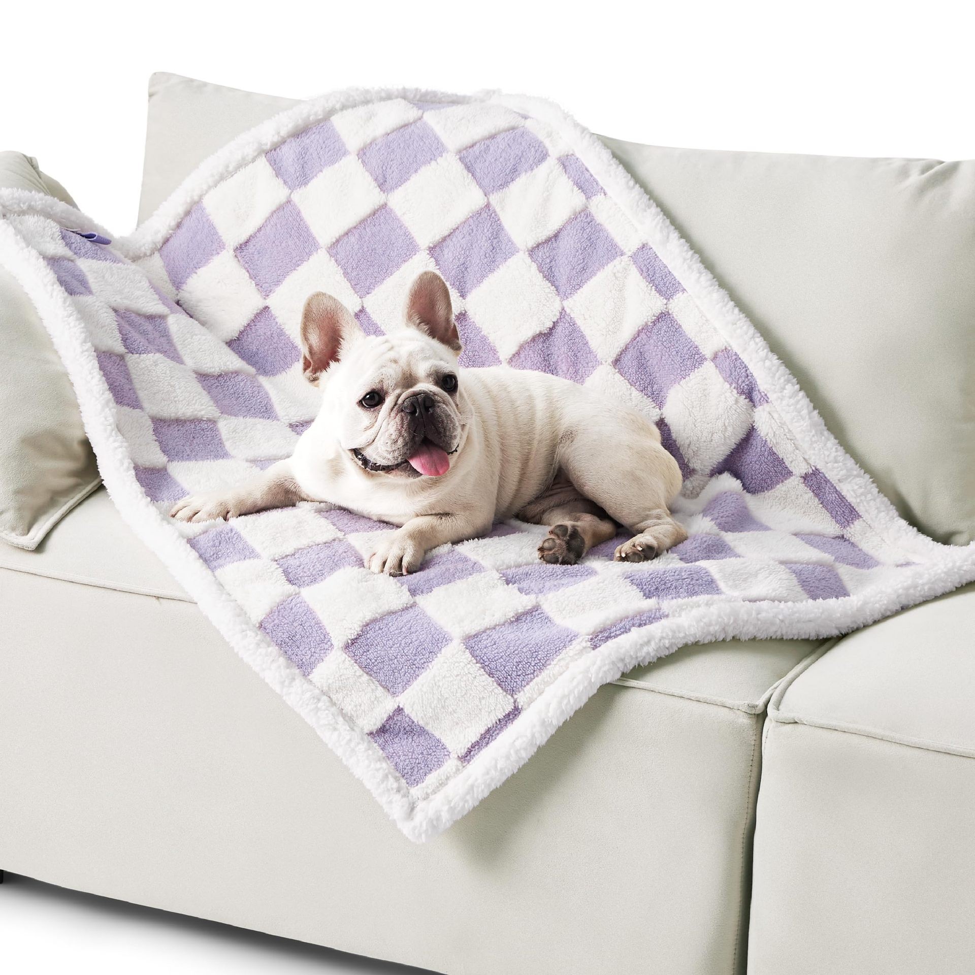 100 × 130 CM Waterproof Soft Sherpa Fleece Pet Blanket (Purple Gingham) - Reversible Thickened Furniture Protector for Dogs & Cats