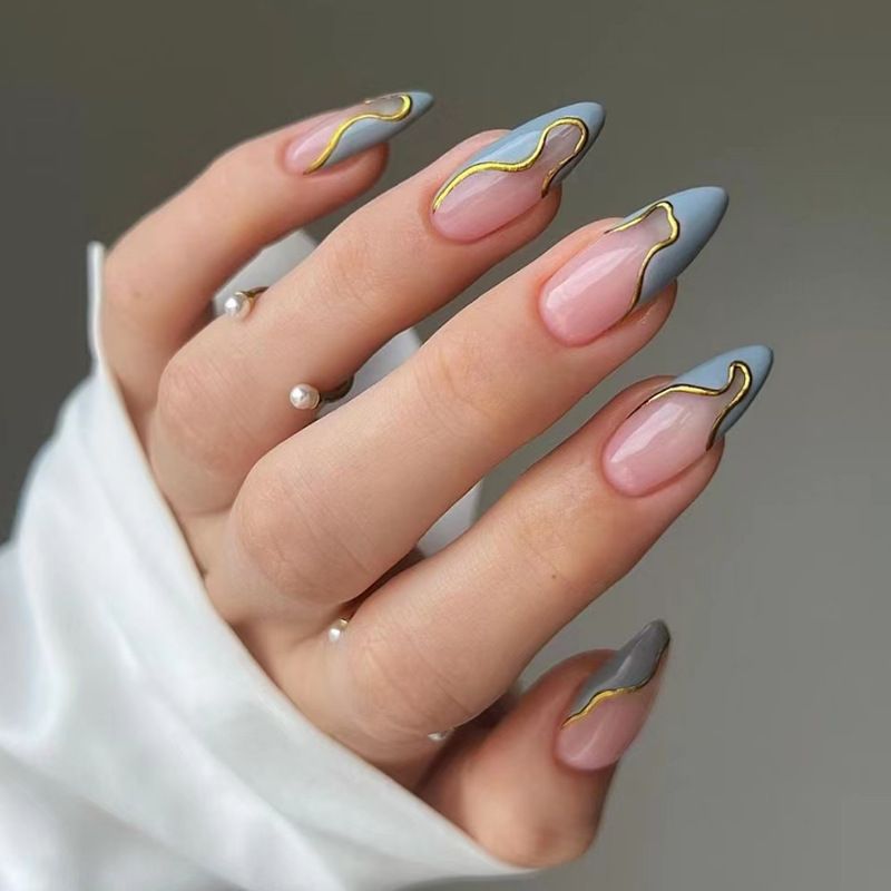 24 Pcs - MINGCHUN Summer Fake Nails Press ons French Nail Art Tips Glitter Line Design Full Cover Acrylic False Nails Glue — image 5