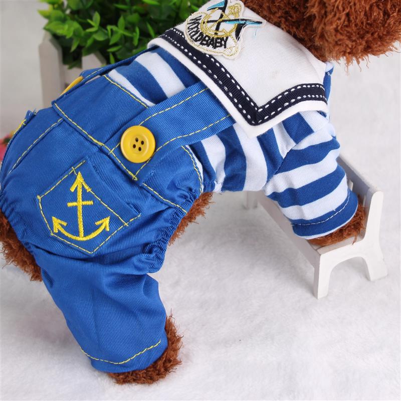 Blue Cute Sailor Dog Outfit - Striped Shirt & Anchor Overalls for Small Dogs (Size: S )
