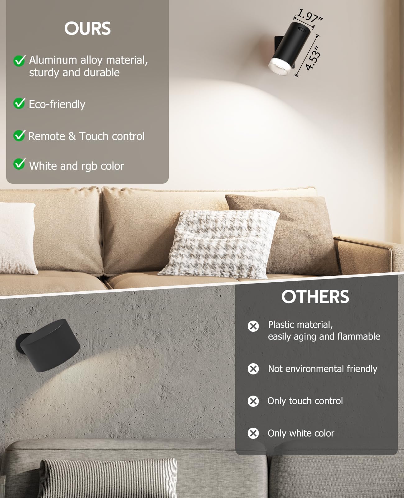 Battery Operated Wall Lights 2 Pack Rechargeable Wall Lights Indoor Touch Dimmable with Remote Control,Magnetic Wall Sconce Lights Battery Black Wireless LED โ image 3