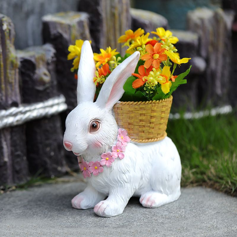 Rabbit Flowerpot Resin Process Rabbit Ornament with Back Basket Outdoor Decoration for Courtyard Garden White โ image 3