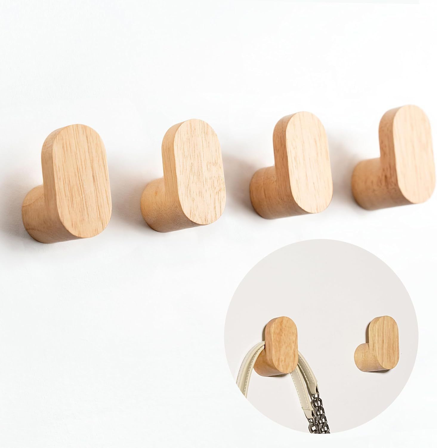 Coat Hooks for Hanging Heavy Duty - 4 Pack Wooden Hooks Modern Minimalist, Natural Wood Hooks for Hanging Hat, Towel, Robe, Bag โ image 3