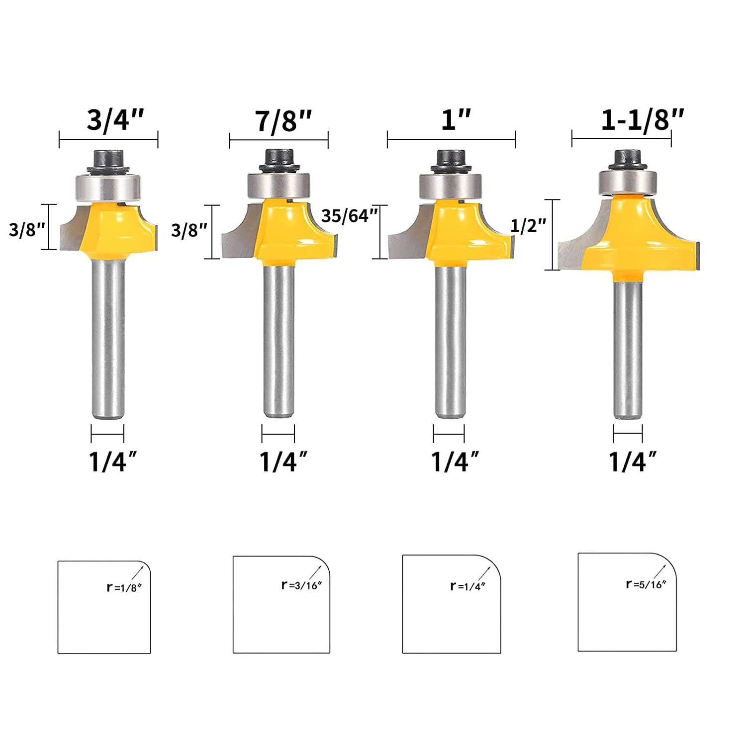 Router Bit Set,4pcs Router bit Set,1/4 inch Shank,Radius in 1/8", 1/4", 3/16", 5/16",Bearing Guide for Rounding Edge bit — image 4