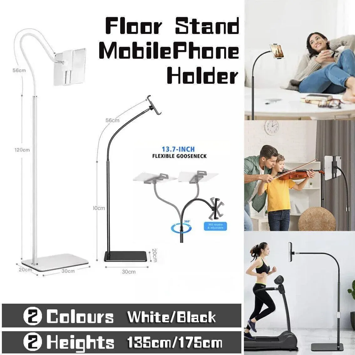 Adjustable Floor/Desk Stand Bed Lazy Mount Holder Arm Bracket For Phone Tablet - Floor Stand (135cm&Black) — image 2