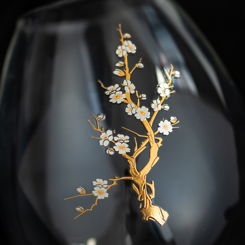Windproof Glass Candle Cover with Wood Base - For Tealights, Zen Home Accent (Plum blossom candlestick) — image 3
