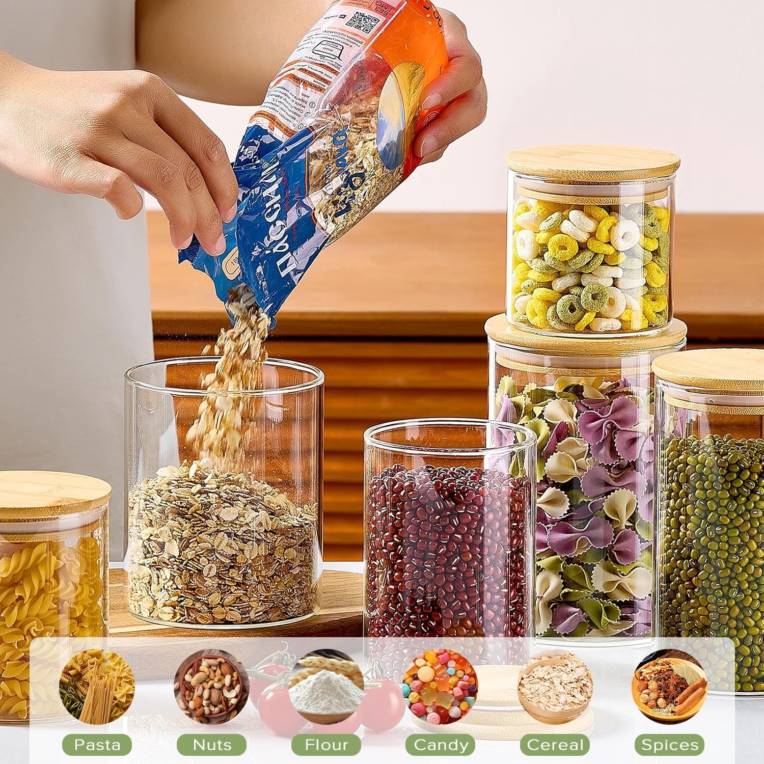 CARLA HOME 12 Pack Glass Storage Jars with Bamboo Lids for Kitchen Pantry, Pasta, Snacks, Cookies, Candy & More — image 5