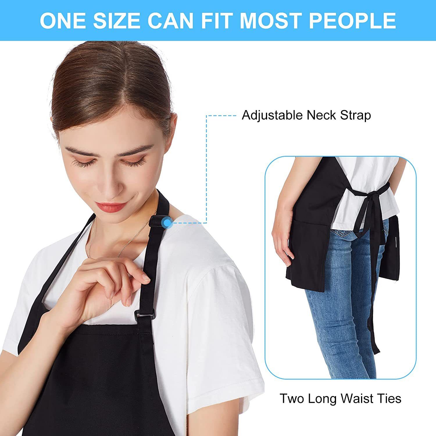 1 Pack 3 Pockets Adjustable Apron Chef Kitchen Cooking Aprons for Women Men, Milk Tea Shop Restaurant Gardening Apron Black — image 3