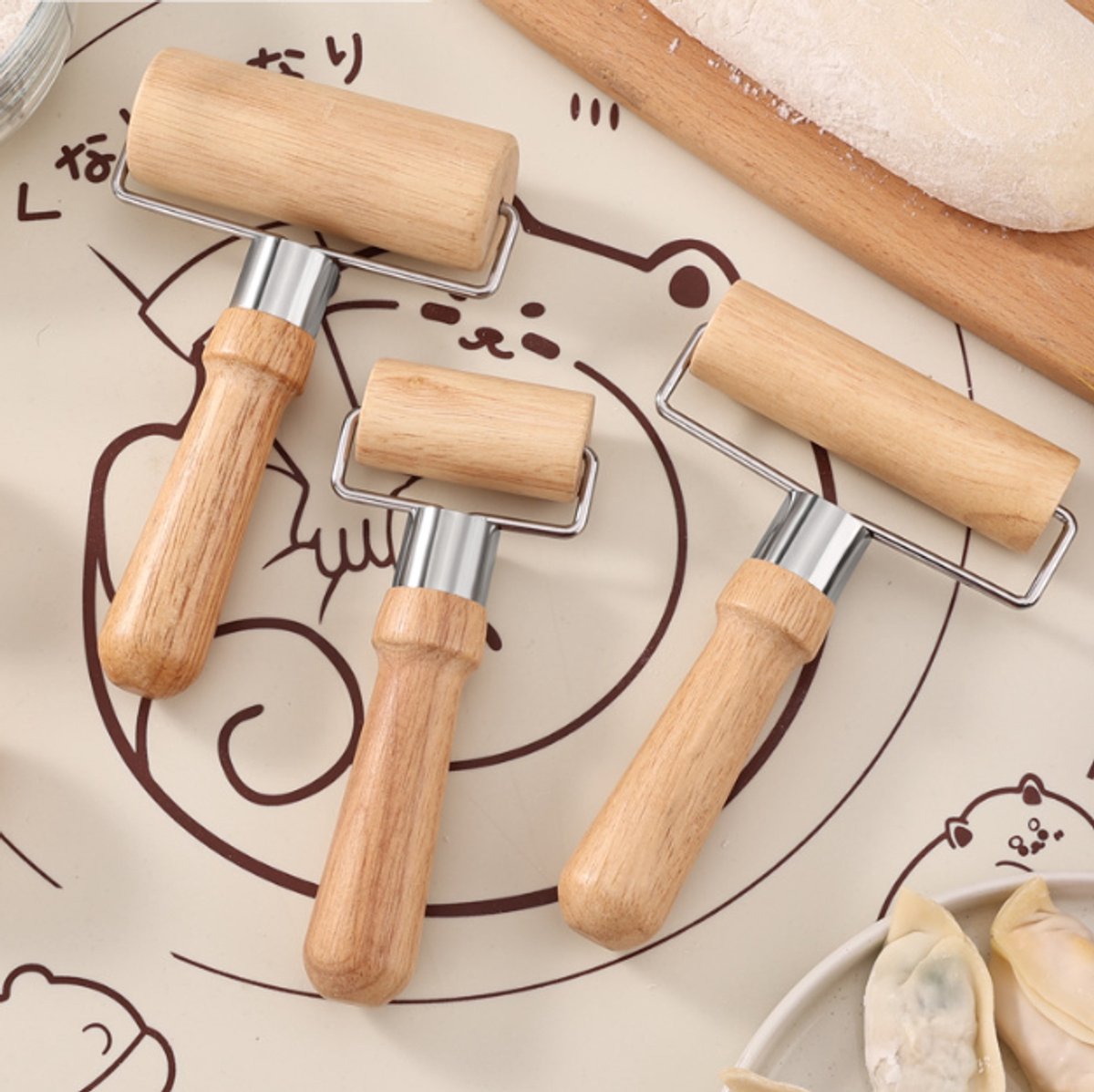 Dough Rolling Machine - Double-Sided Wooden Dough Rolling Machine - Three-Piece Set - Hand Baking Utensils - Smooth Non-Stick Coating - Suitable for Baking