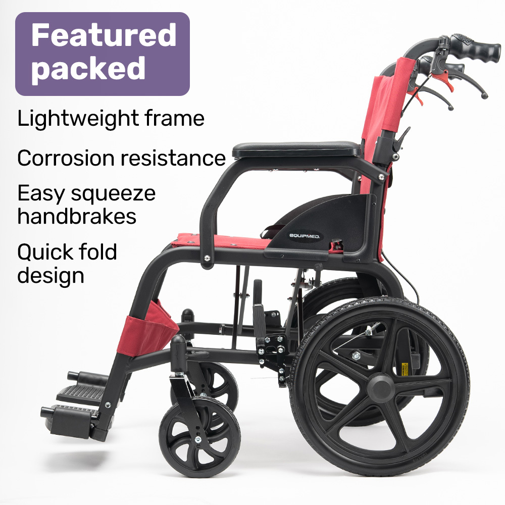 Equipmed Folding Transit Wheelchair, Lightweight Aluminium for Easy Transport, Crimson Red — image 4