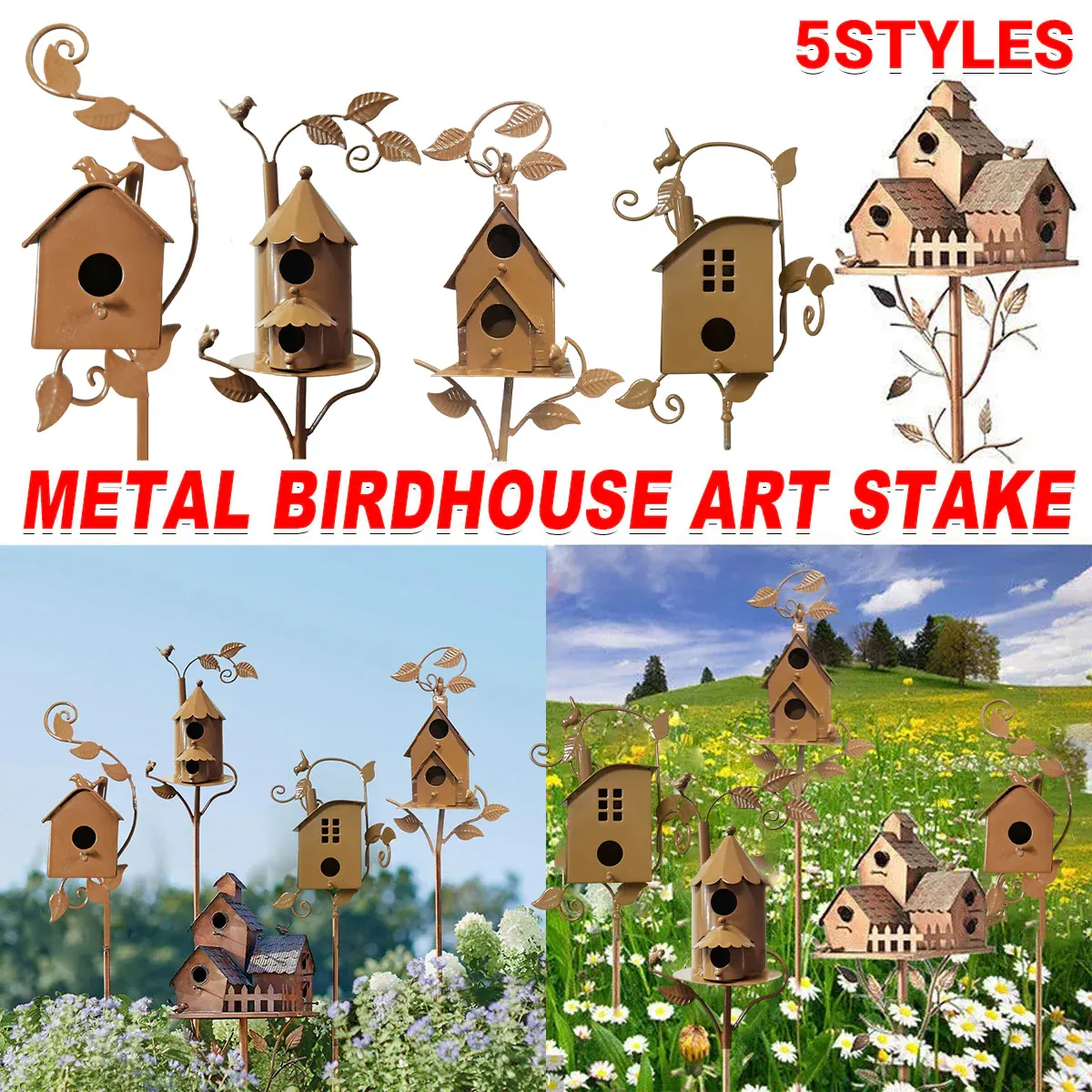 Birdhouse Garden Stakes Outdoor Yard Ornaments for Lawn and Garden Decoration - D β image 2