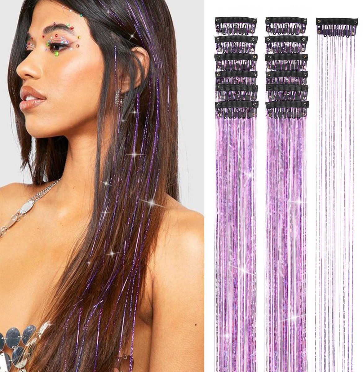 Hair Tinsels - Festival Glitter Hair Extensions - Glittery Hair Extensions - 12-Piece Clip-On Hair Accessory Set - 52cm, for Christmas and New Year, Glittery