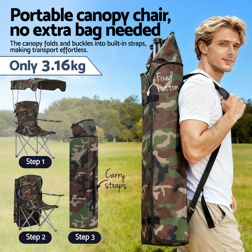 Weisshorn Camping Chair With Canopy Folding Outdoor Portable Seat Lightweight Beach Picnic Fishing Capacity 120KG Army Green — image 6