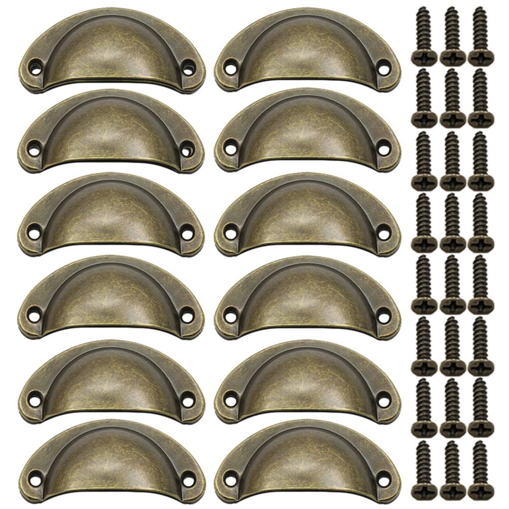Antique Cabinet Cup Handles, 12 PCS Brass Drawer Pulls Vintage Shell Shape Knobs for Dresser Cupboard Kitchen