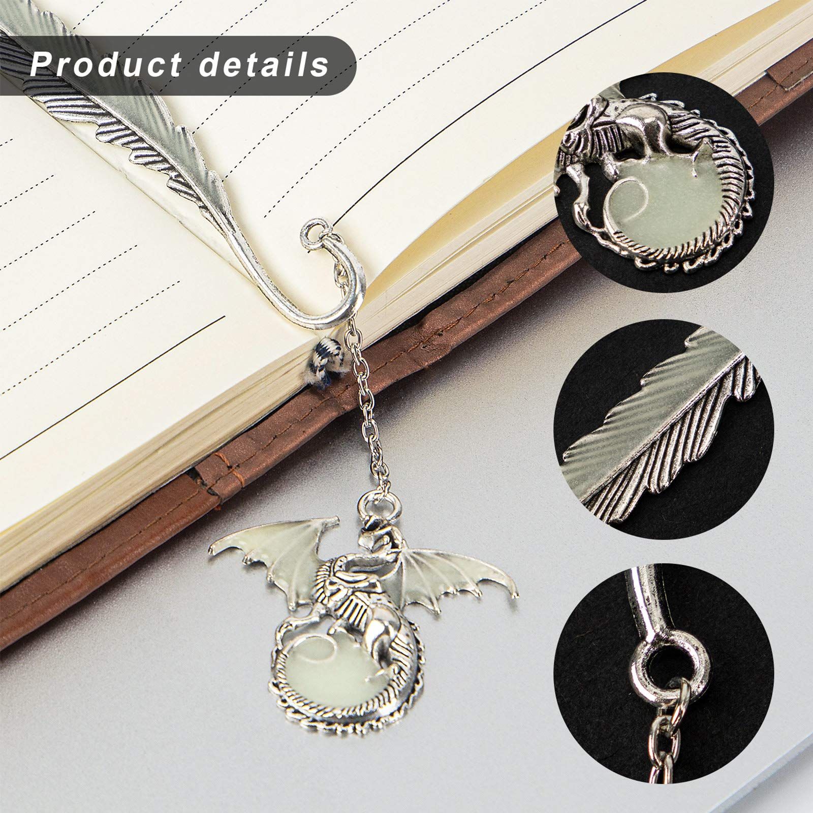 Vintage Feather Metal Bookmark, Unique Glow in The Dark Bookmark Gift for Men Women (Antique Silver Dragon) โ image 2