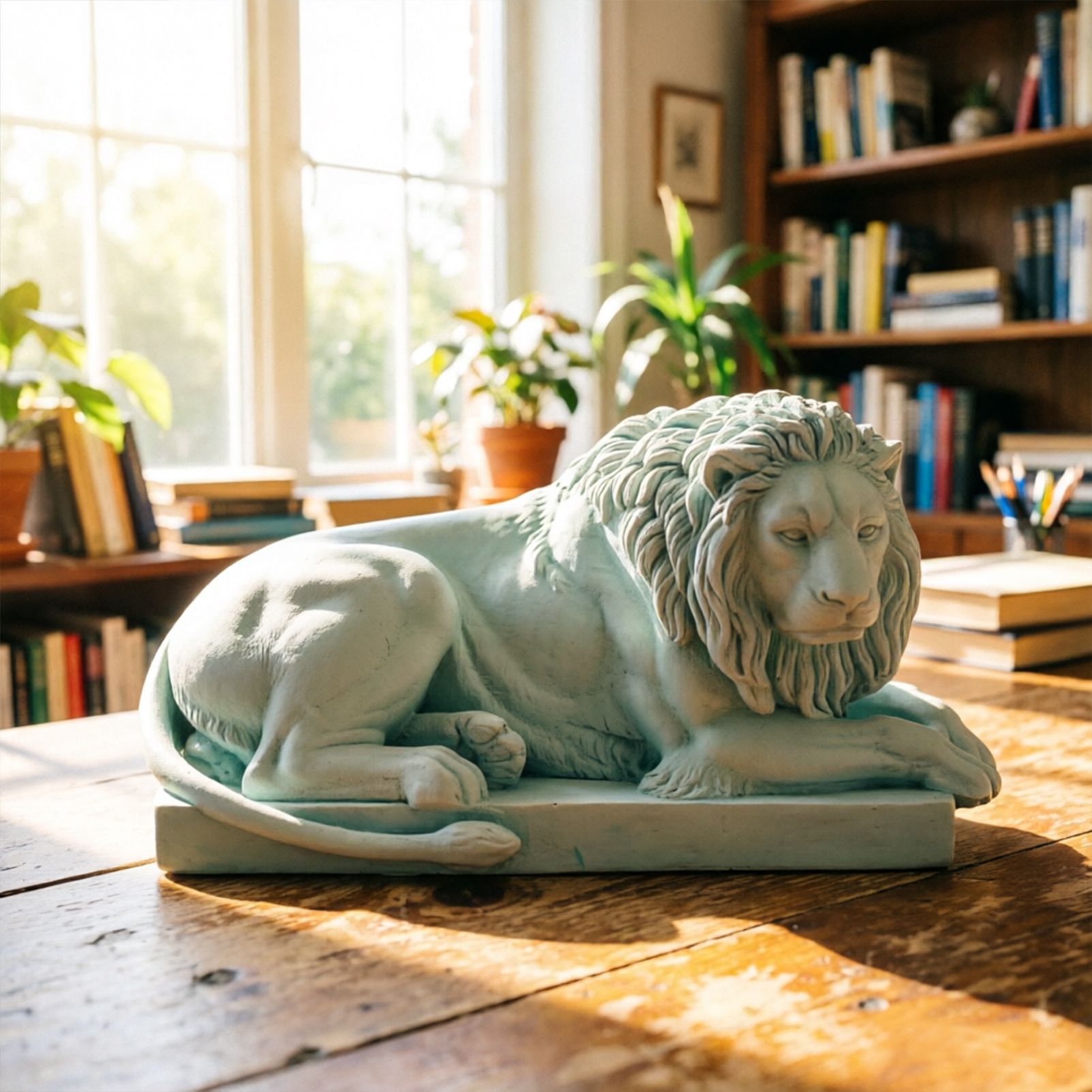 Classic Reclining Lion Sculpture Minimalist Green Plaster Desk Ornament for Living Room, Study, or Office Decoration — image 2
