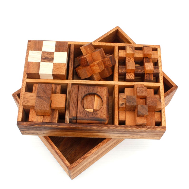 12 Puzzle Brain teaser interlocking wooden Puzzle set in a Deluxe Gift Box -for kids or adults โ image 4