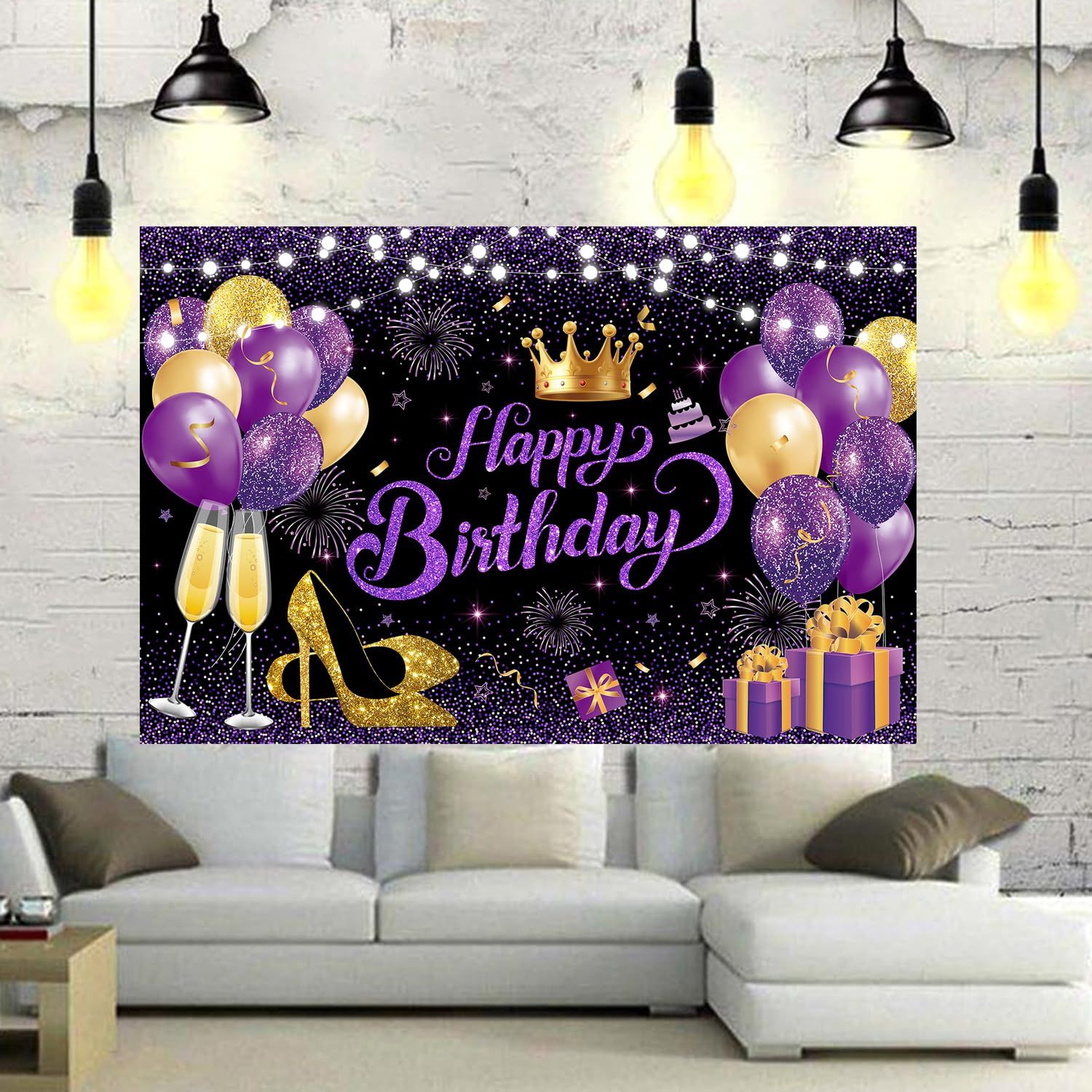 180x110 cm Black Purple Gold Happy Birthday Party Backdrops Cloth 71x43 in. Birthday Celebration Photography Backgrounds Glitter — image 3