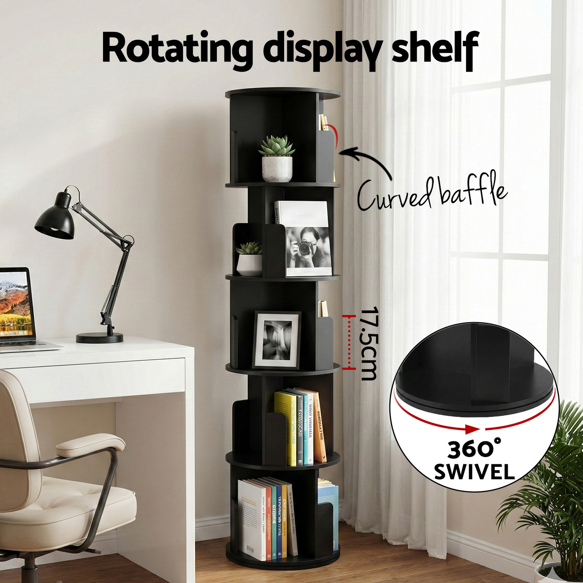 Artiss 5 Tiers Bookshelf Swivel Bookcase Display Shelves Stand Round Black — image 5