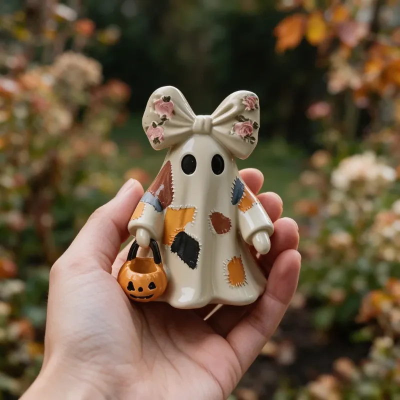 Vintage Patchwork Ghost Resin Figurine, with Bow and Pumpkin Bucket, Autumn Tabletop Decor (No-Light Version) — image 4