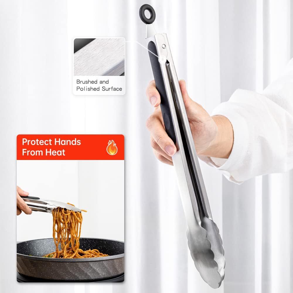 2 Pack Stainless Steel Kitchen Tongs Set (9" 12"), Non-Slip Metal Cooking & Serving Tongs with Hanging Loop (Black) — image 5