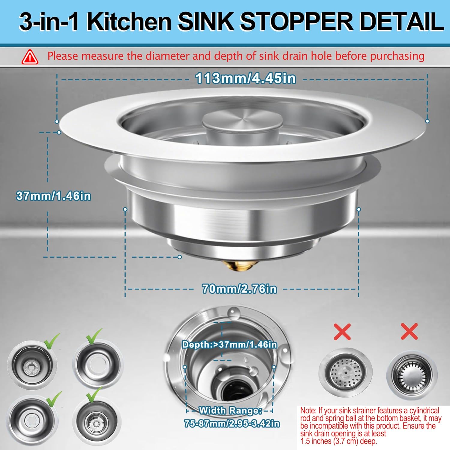 3-in-1 Kitchen Sink Drain Strainer Stopper, Upgraded Stainless Steel Sink Plug with Anti-Clog Filter Basket, Fits Standard 3-1/2 Inch Drain Hole, Pop Up — image 2