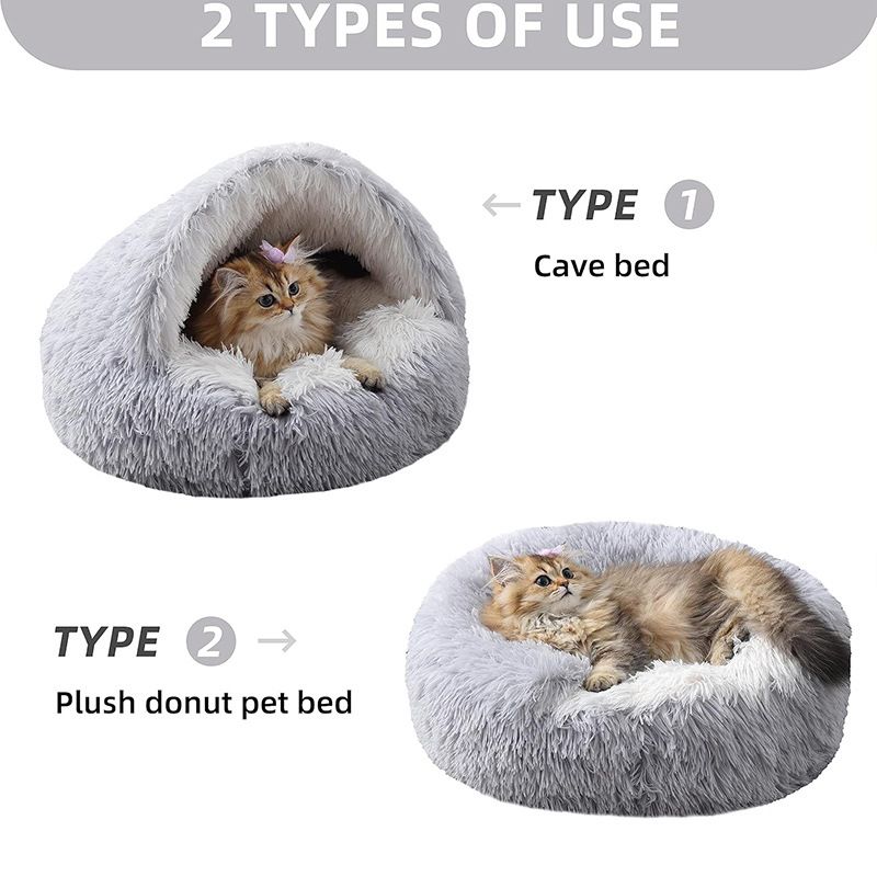 Grey Winter Long Plush Round Donut Cat Bed M Size Dia 40CM - Soft Fluffy Semi-Enclosed Pet Cave Bed with Non-Slip Base, Machine Washable for Cats Dogs Home and — image 3