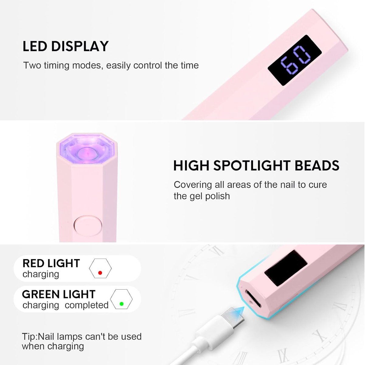 Mini UV LED Nail Lamp With Digital Display, USB Rechargeable Gel Nail Dryer With 2 Timer Modes And Adjustable Stand For Home Manicure, Pink, 10.3 cm โ image 3