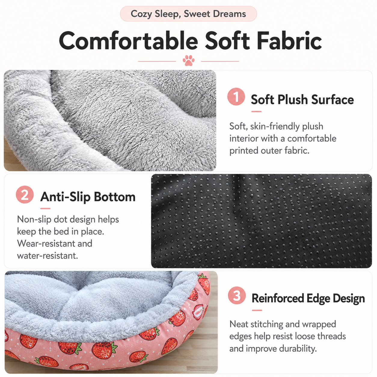 Round Pet Bed for Small Dogs and Cats, Soft Plush Calming Cat Bed with Strawberry Pattern, Cozy Washable Puppy Sleeping Mat, Non Slip Bottom Pet Cushion for โ image 5