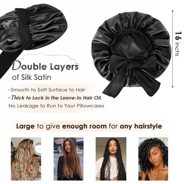 Satin Cap Silk Cap For Sleeping Double Layer Satin Lined Hair Cap With Ribbon Bonnet For Women Naturally Curly Hair black — image 3