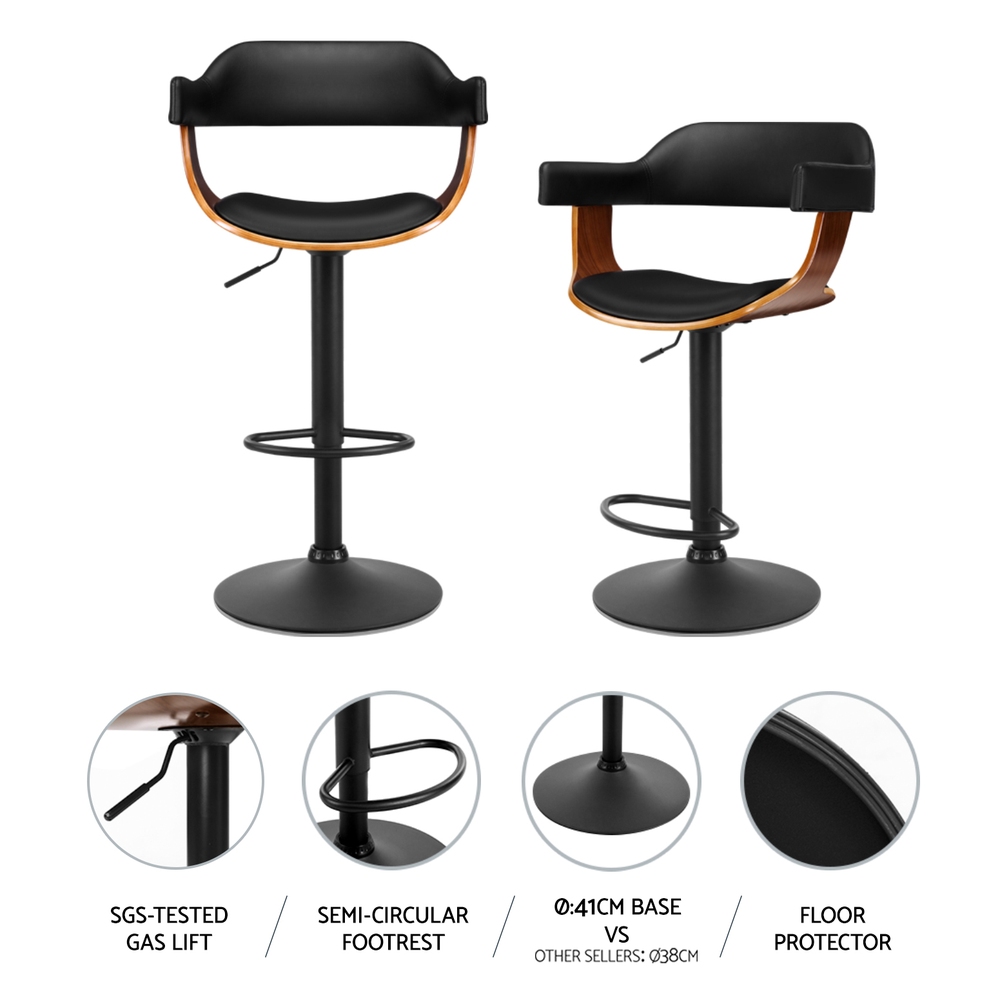 Artiss 4x Bar Stools Gas Lift Leather w/Armrest All Black — image 4