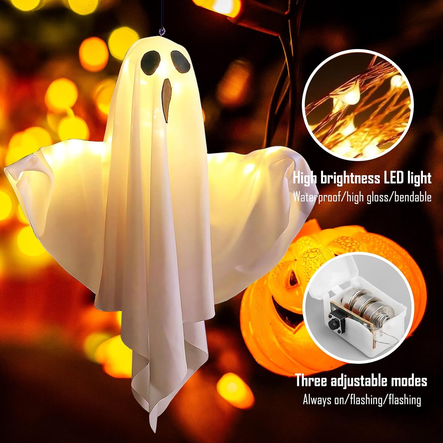 2 Pack LED Hanging Ghost Decorations, Light-Up Outdoor Halloween Garden Ornaments for Porch, Trees and Party Decor, White — image 3