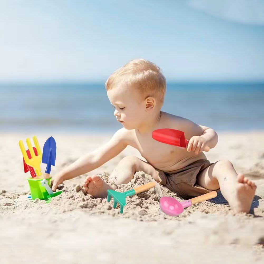 6 Pack Metal Beach Sand Toys for Kids, Wooden-Handled Shovel, Rake, Trowel and Scoop Set for Beach, Garden and Snow Play, Multicolour, 20 cm โ image 2