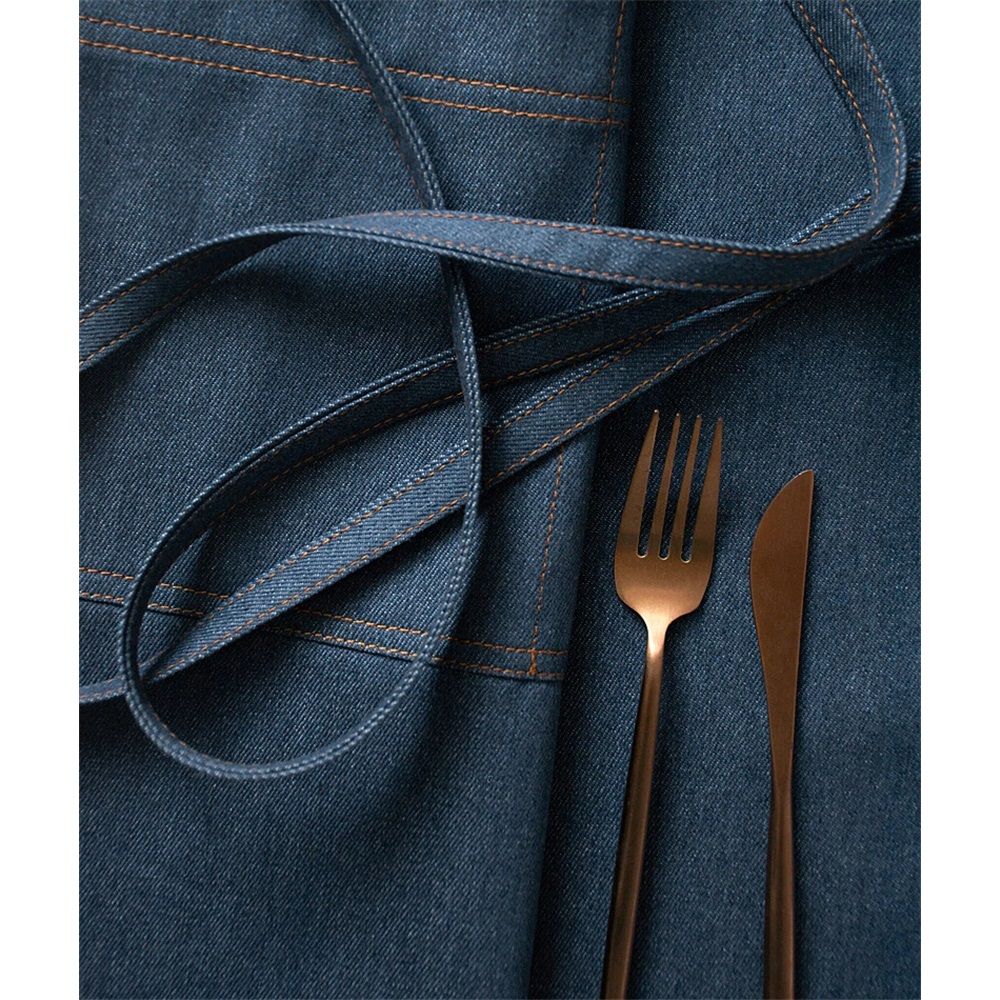 Unisex Cotton denim Waist Apron with Pocket Waitress Apron Half Apron Server Aprons Cooking Bib（dark blue） — image 5