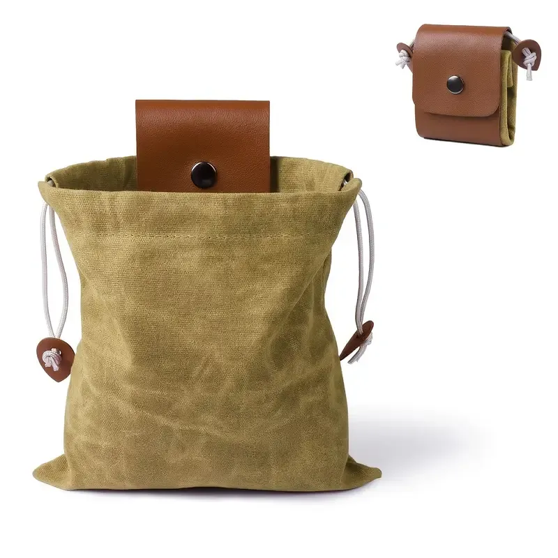 Canvas Foraging Bag Outdoor Fruit Picking Pouch Waist Pack Bushcraft Tool Bag PU Leather Lightweight Foldable Organizer/khaki