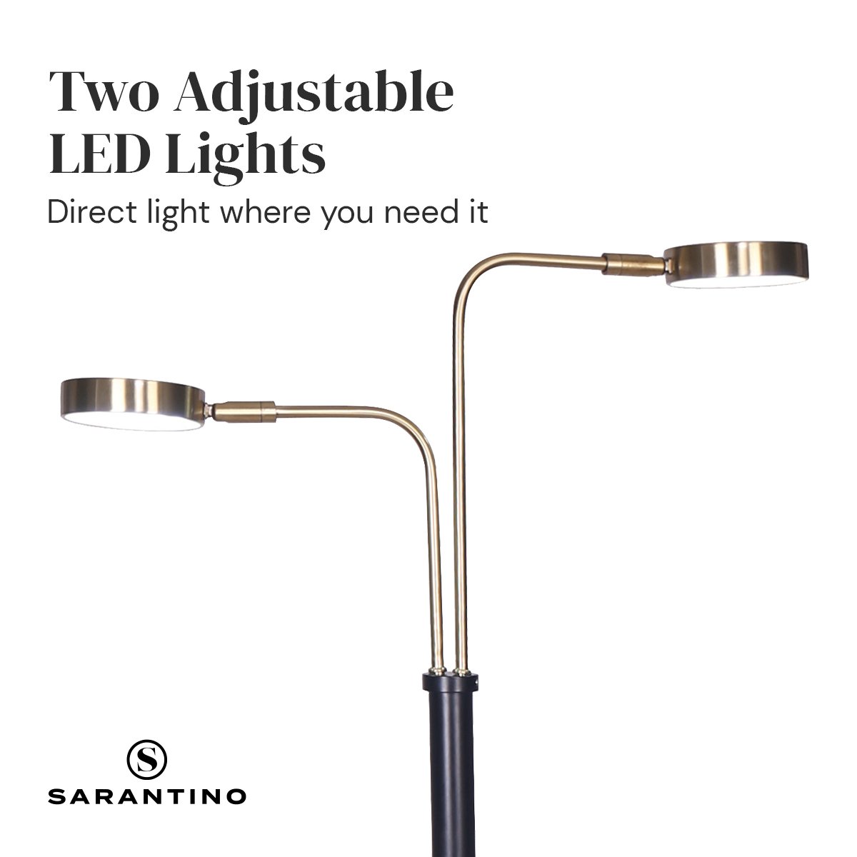Sarantino Dual LED Floor Lamp Adjustable Black Metal & Brushed Gold Twin Reading Task Standing Light for Home Office — image 5