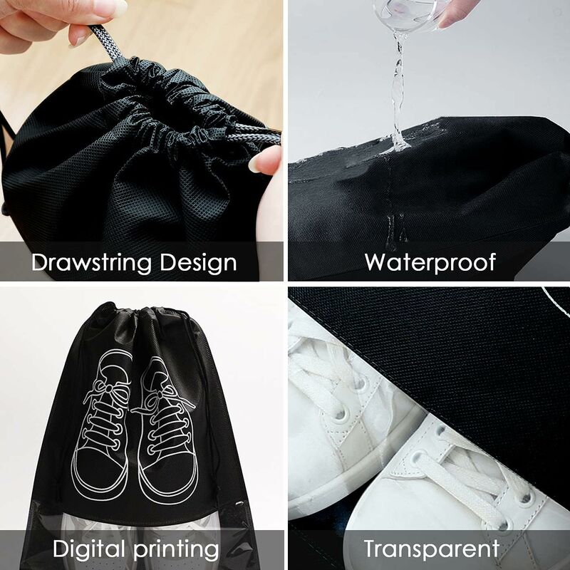 Travel Shoe Bag, Waterproof Dustproof Fleece Shoe Bag Set With Clear Window And Drawstring (32X44Cm) -10 pcs-Black — image 2
