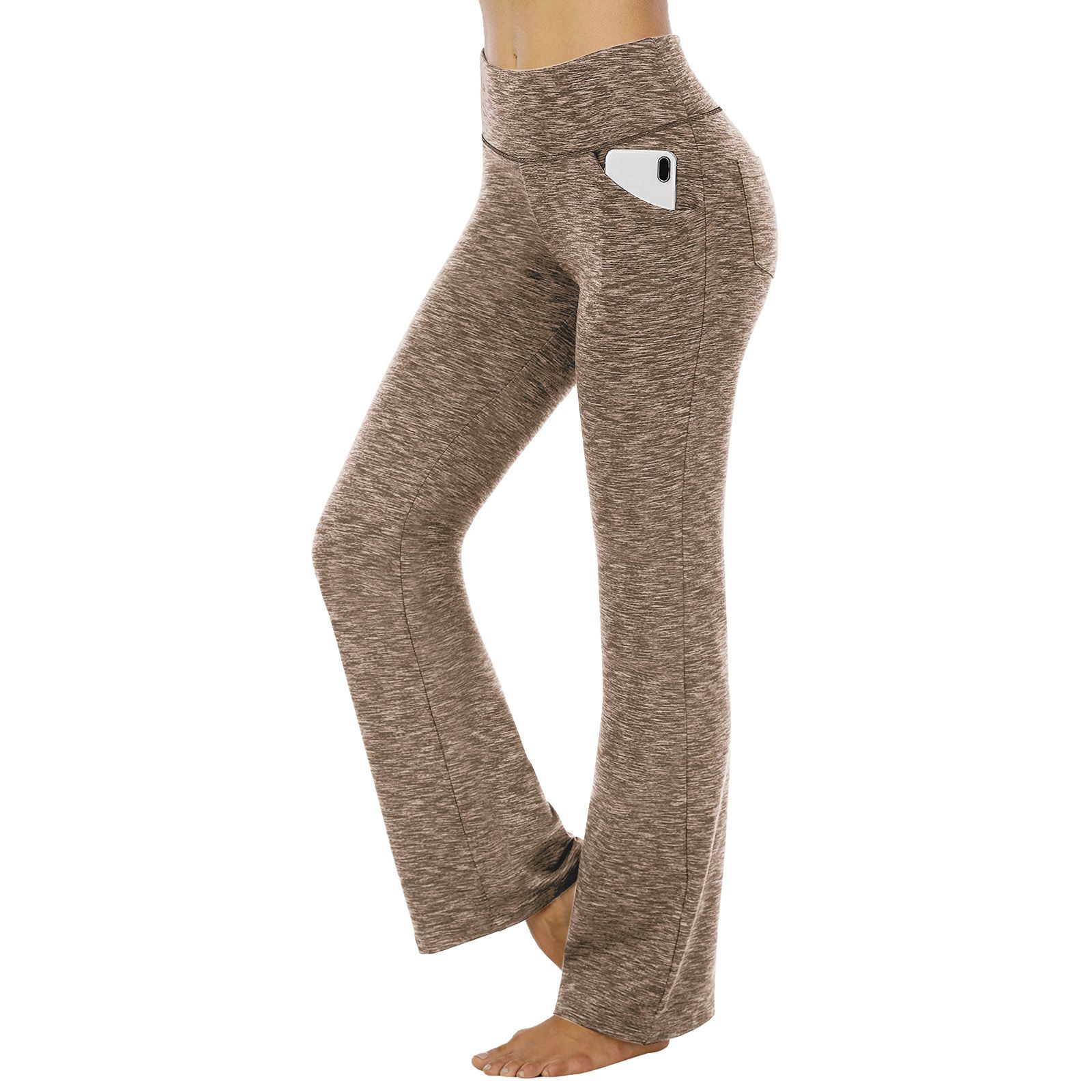 Women's High Waist Yoga Leggings with Pockets Workout Fitness Pants Stretch Casual Sports Trousers - Khaki 4XL