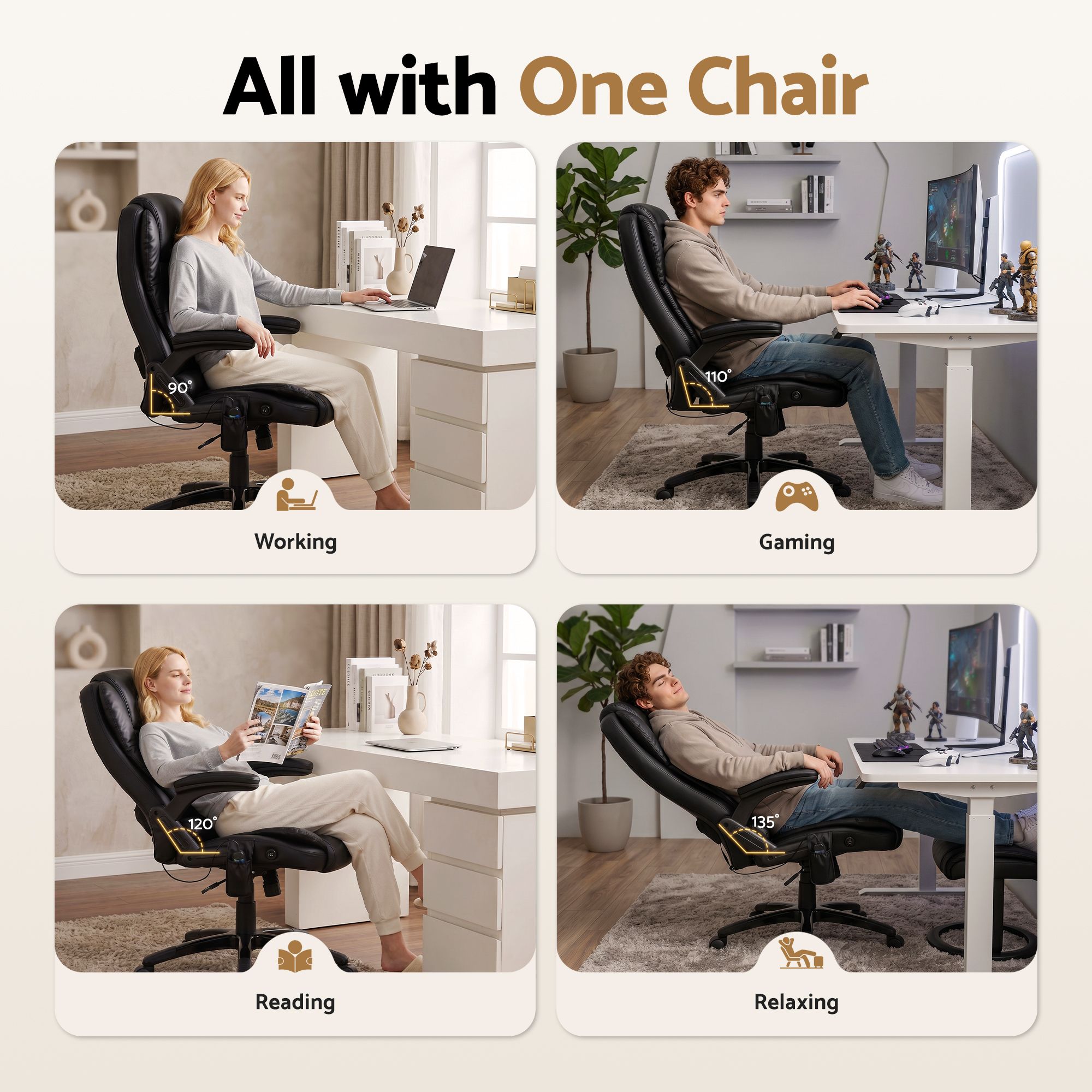 Artiss 8 Point Massage Office Chair Heated Seat Recliner PU Black — image 6